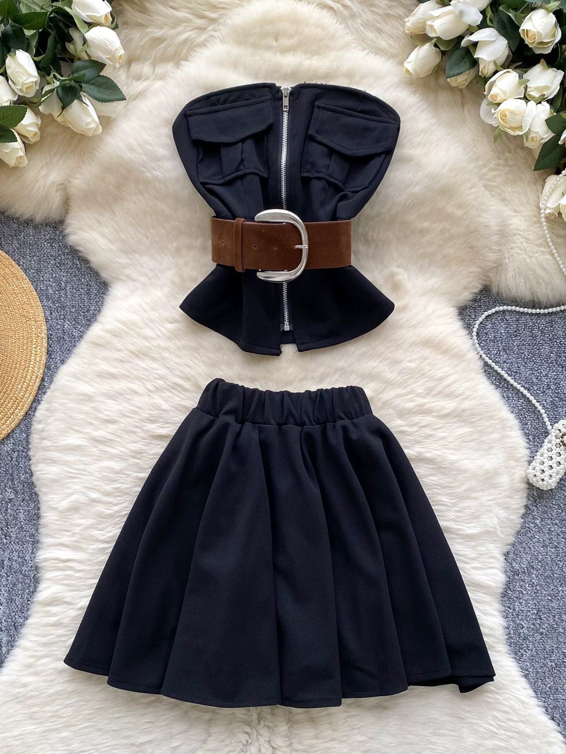 Pankh Briley  Off Shoulder Tube Top And Short Set With Belt