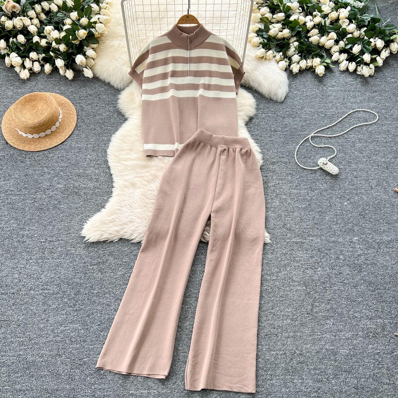 Pankh Anay Casual Stripe Knitted Loose Fit Top And Wide Leg Pants Set
