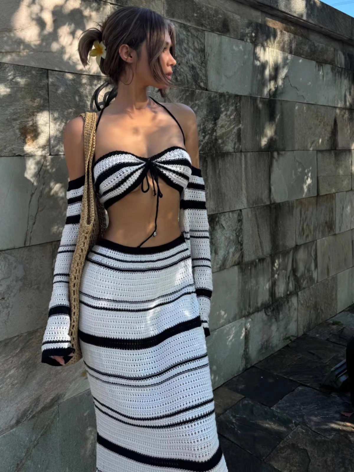 Pankh Ezra Mid Rise Contrast Off Shoulder Crochet Top And Skirt Set