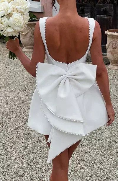 Pankh Jocelyn Beaded Pearl Backless Bow Flaire Mini Dress