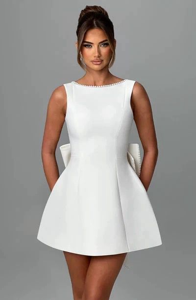 Pankh Jocelyn Beaded Pearl Backless Bow Flaire Mini Dress