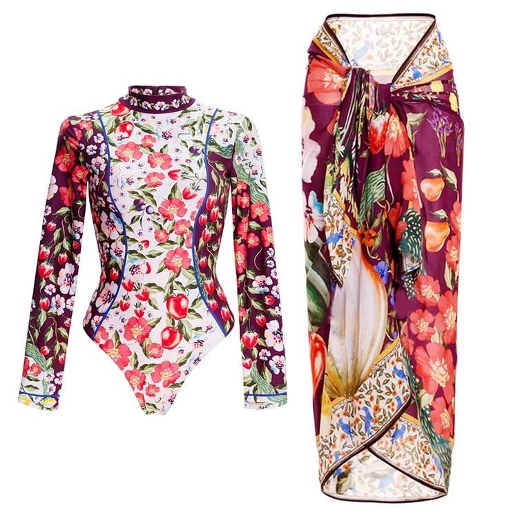 Pankh Eric Long Sleeve Printed Monokini With Coverup Set
