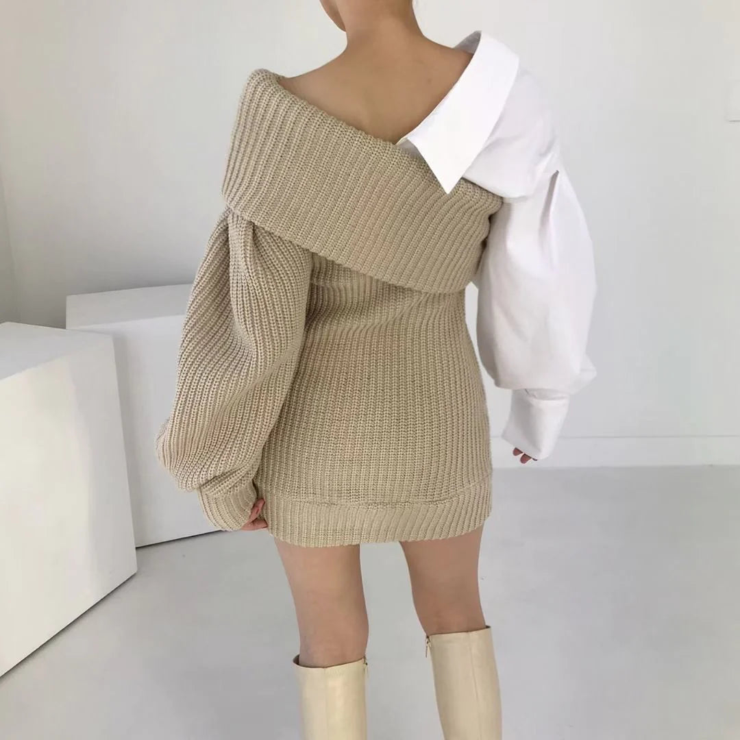 Thea Patchwork Knitted Dual Shade Sweater Dress