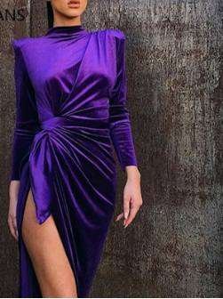 Solid High Slit Ruched Velvet Maxi Dress