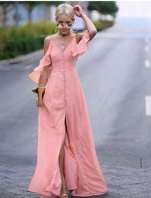 Plain Falbala Sleeve Braces Fork Maxi Dress