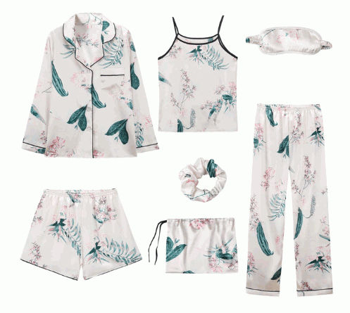 Pankh 7 Pieces lola Pajamas Sets Stain Faux Silk leaves printed Pajamas Women Sleepwear Sets