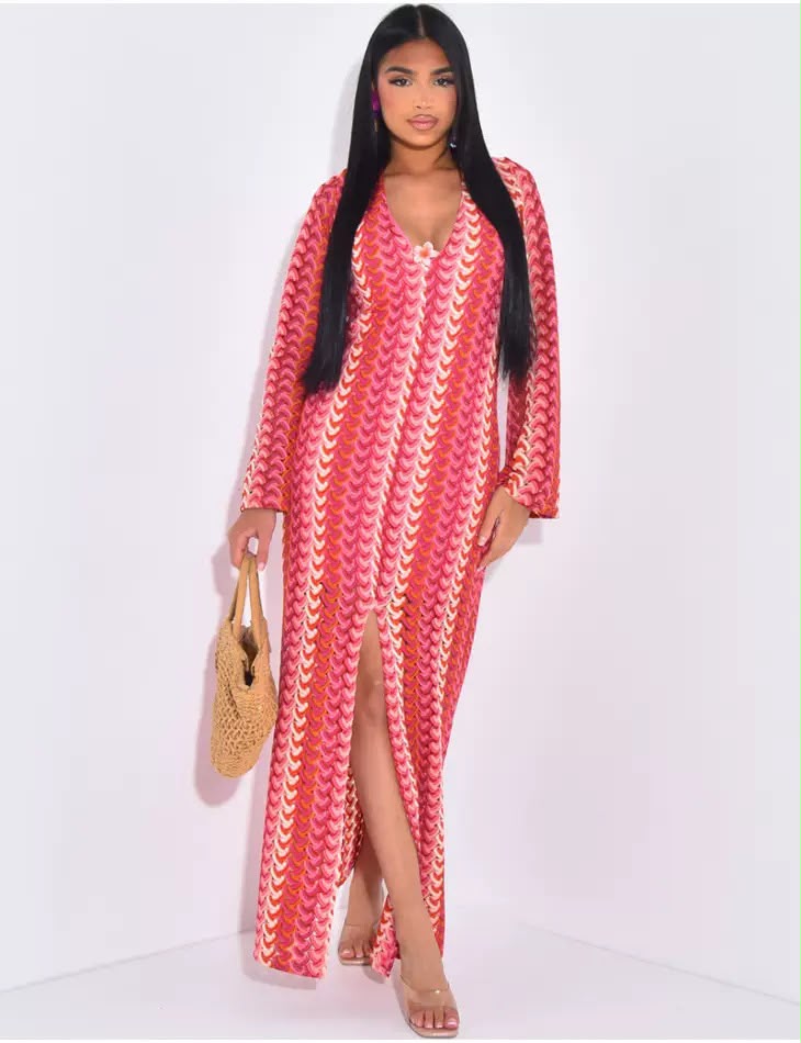 Pankh Primrose Crochet Colorful Long Sleeve V Neck Beach Wear Maxi Dress
