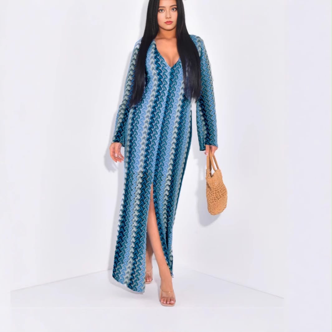 Pankh Primrose Crochet Colorful Long Sleeve V Neck Beach Wear Maxi Dress