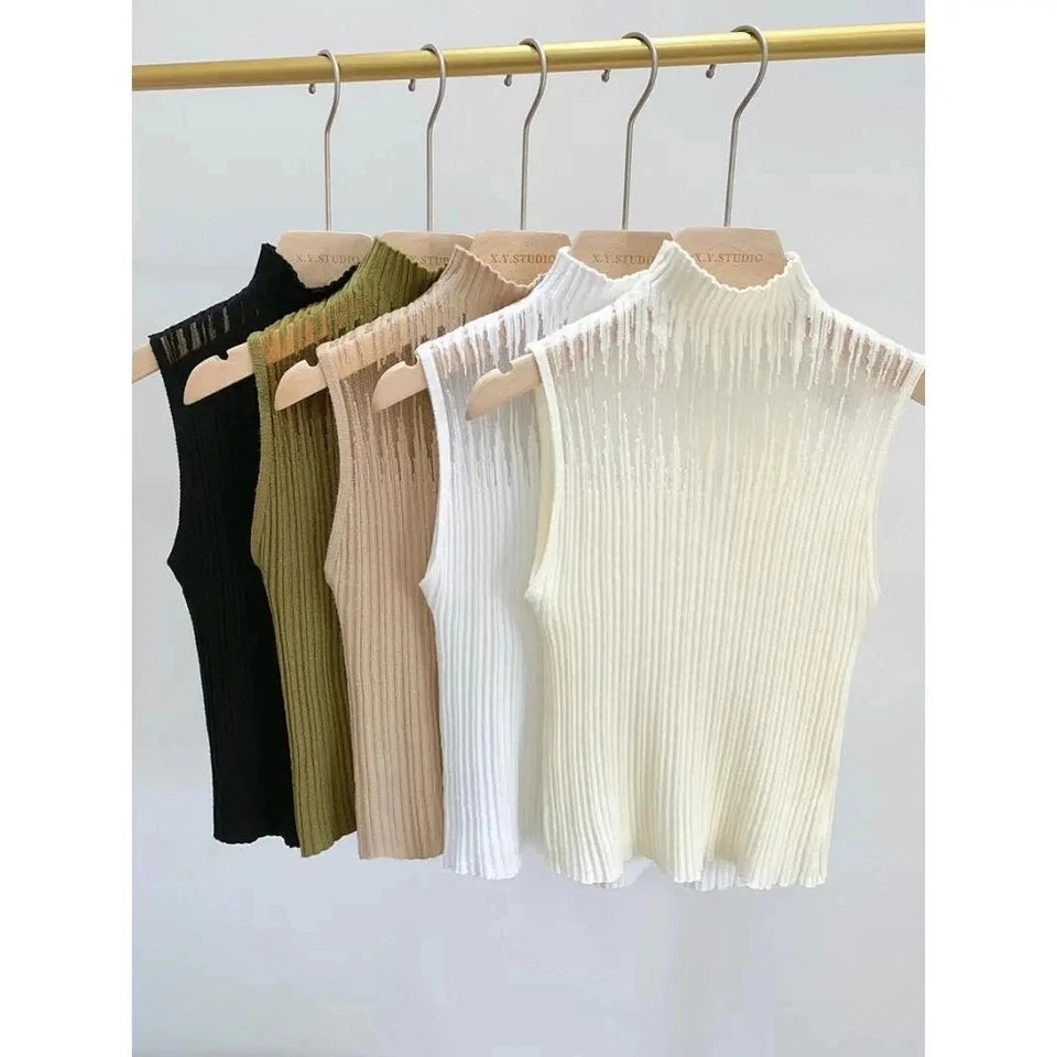 Pankh Meir Chic Mock Neck Mesh See Through Sleeveless Knitted Tank Top