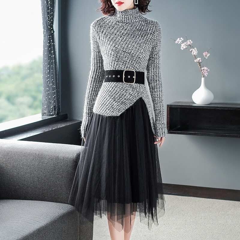 Oman Knit Blouse and Net Skirt Coord Set (belt not included)