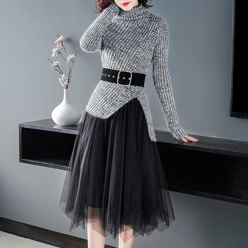 Oman Knit Blouse and Net Skirt Coord Set (belt not included)