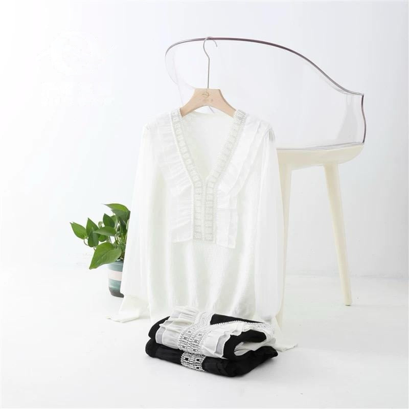 Pankh Kazuki Korean Pearl Lace Ruffles Blouse Knit Shirt With Organza Sleeve
