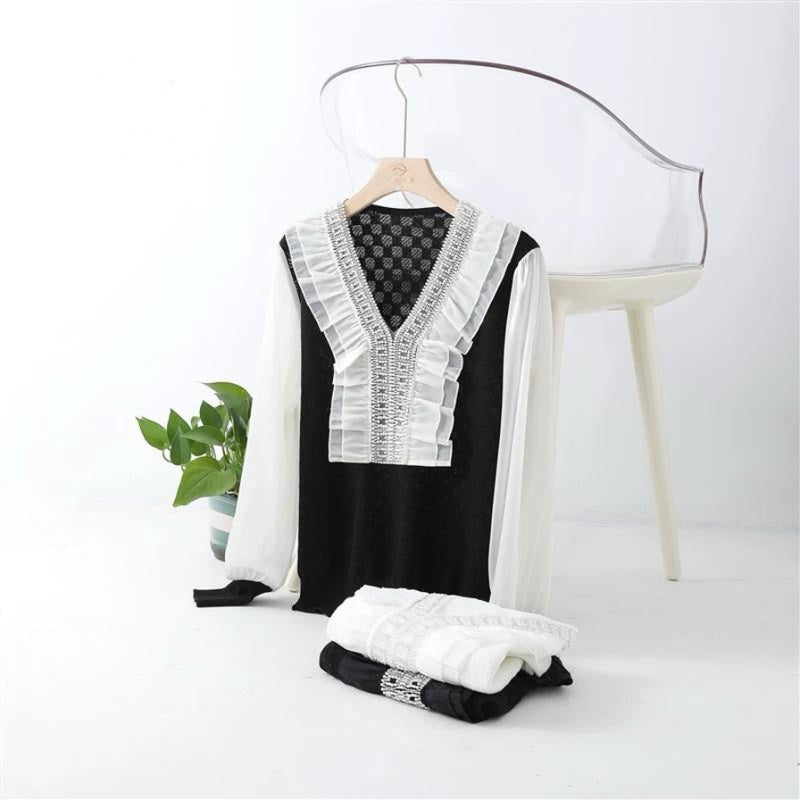 Pankh Kazuki Korean Pearl Lace Ruffles Blouse Knit Shirt With Organza Sleeve